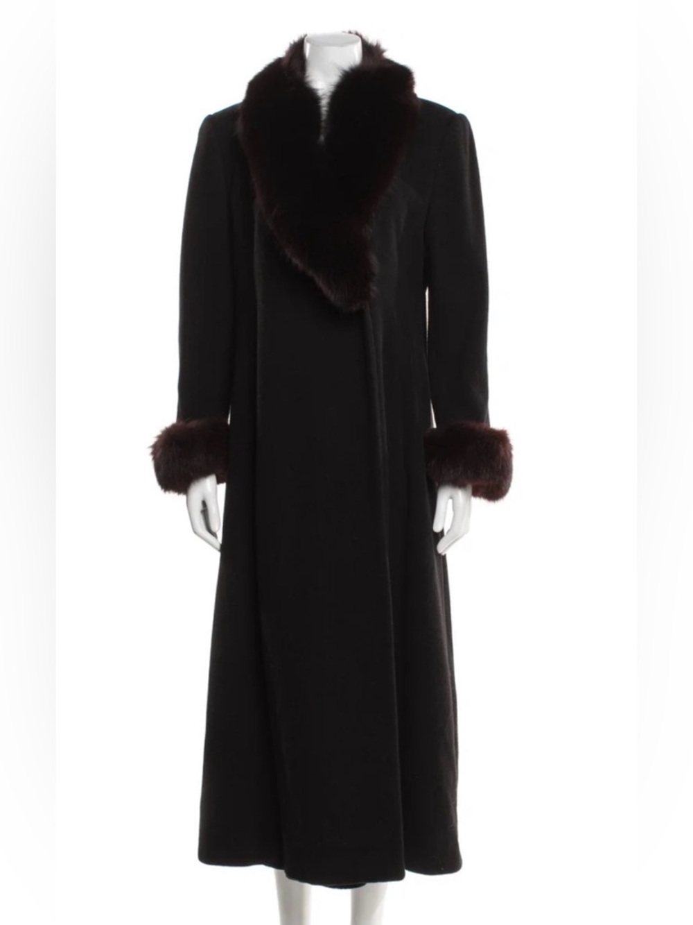 Steve by Searle 90s Long Black Wool Coat with Fox Fur Trim